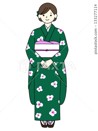 Green furisode (long-sleeved kimono) - front Green furisode (long-sleeved kimono) - front 133277114