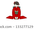 Long-sleeved kimono, red, sitting upright, bowing 133277129