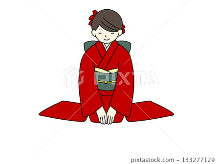 Long-sleeved kimono, red, sitting upright, bowing 133277129
