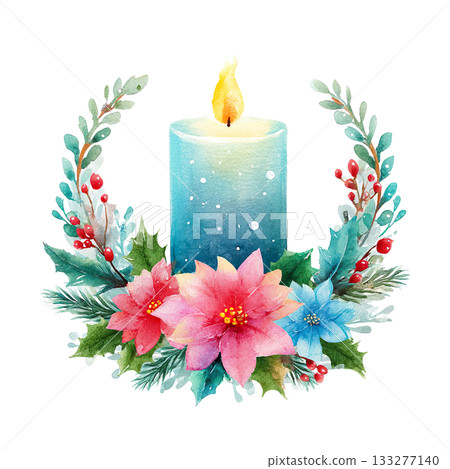 彩色聖誕花圈設計插圖，帶有蠟燭，背景透明（png格式） 133277140