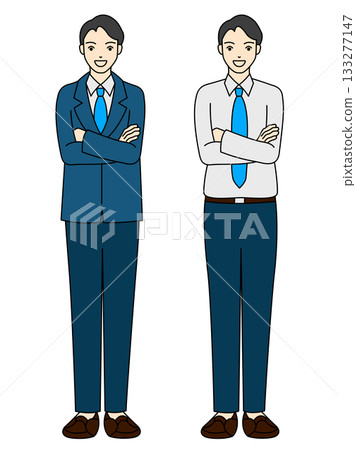 Full-body illustration of a businessman in a suit and a shirt standing with his arms crossed and smiling Full-body illustration of a businessman in a suit and a shirt standing with his arms crossed and smiling 133277147