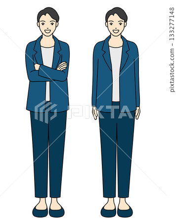 Full-body illustration of a smiling office casual man (blazer and T-shirt) standing 133277148