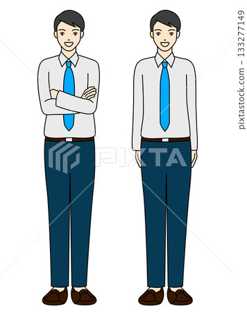 Full-body illustration of a man standing with his arms crossed and wearing a tie and a Y-shirt in a basic pose Full-body illustration of a man standing with his arms crossed and wearing a tie and a Y-shirt in a basic pose 133277149