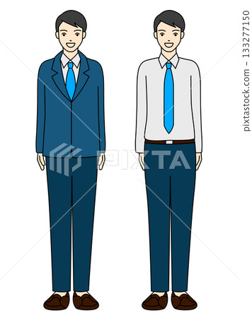 Full-body illustration of a smiling businessman in a navy blue suit, tie and Y-shirt 133277150