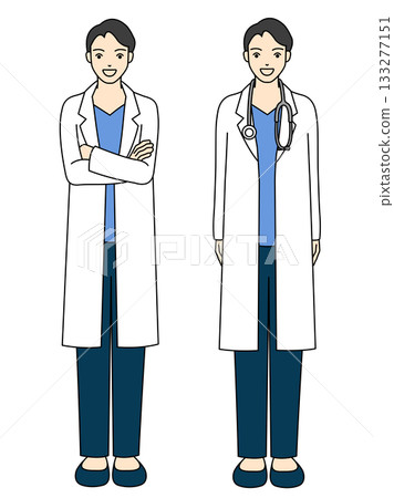 Full-body illustration of a smiling male doctor (scrub/white coat) standing with his arms crossed and a stethoscope 133277151