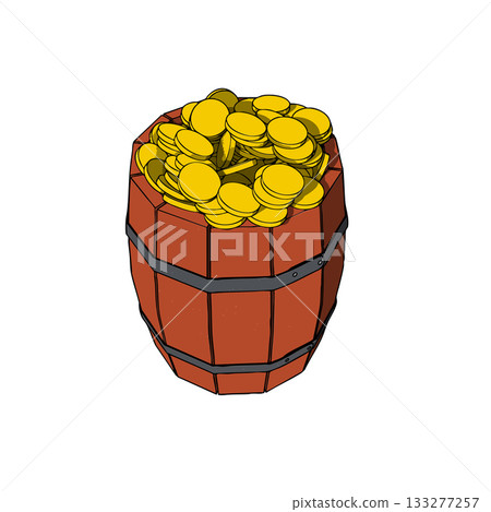 Wooden Old Vintage Barrel with Metal Bands filled by Gold Coins. Vector Illustration. 133277257