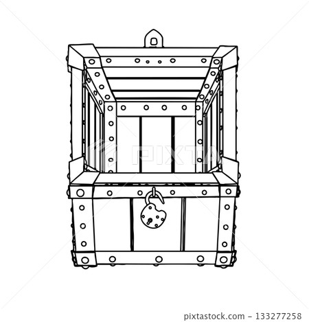 Outline for Full Opened Empty Medieval Chest with Padlock. Vector Illustration. 133277258