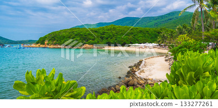 landscape panorama with a sandy beach with sun umbrellas and sun beds under palm trees in bay by the sea on a cloudy summer day at a resort on a paradise island 133277261