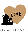 A love message illustration with a gold heart and hand-drawn lettering LOVE, featuring two sitting black bears hugging each other. 133277339