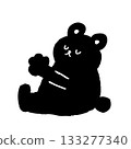 A black and white minimalist illustration of a cute hand-drawn bear silhouette sitting with its eyes closed and its arms outstretched to lift something. 133277340