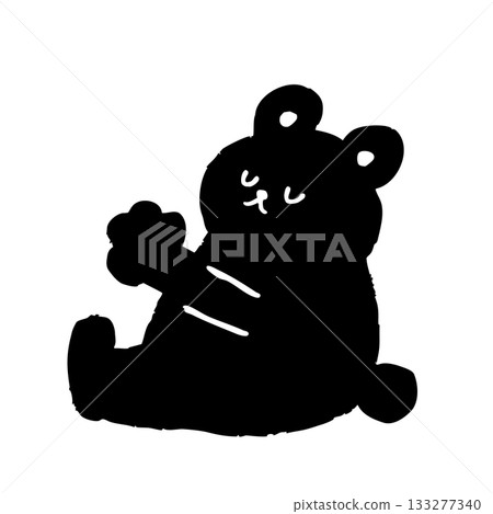 一幅黑白極簡主義風格的插圖，描繪了一隻可愛的手繪小熊剪影，它閉著眼睛坐著，伸出雙臂似乎要舉起什麼東西。 133277340