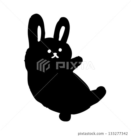 A cute, hand-drawn rabbit silhouette illustration leaning against something. Minimalist black and white. 133277342