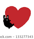 Hand drawn silhouette illustration of a cute black rabbit nestled next to a big red heart. 133277343