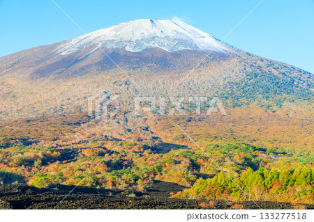 Snow and autumn leaves of Mt. Iwate seen from the Yakehashiri lava flow in autumn, Hachimantai City, Iwate Prefecture Snow and autumn leaves of Mt. Iwate seen from the Yakehashiri lava flow in autumn, Hachimantai City, Iwate Prefecture 133277518