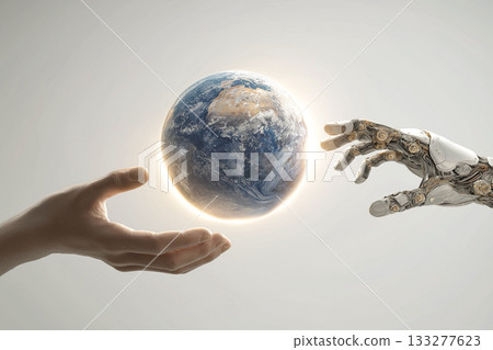 人類和機器人的手托著地球 人類和機器人的手托著地球 133277623