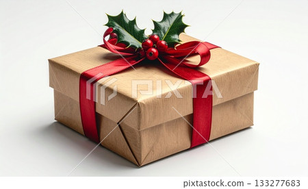 A gift box with a red ribbon and holly leaves 133277683