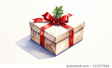 A gift box with a red ribbon and holly leaves A gift box with a red ribbon and holly leaves 133277684