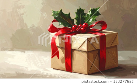 一個繫著紅色絲帶、點綴著冬青葉的禮盒 133277685