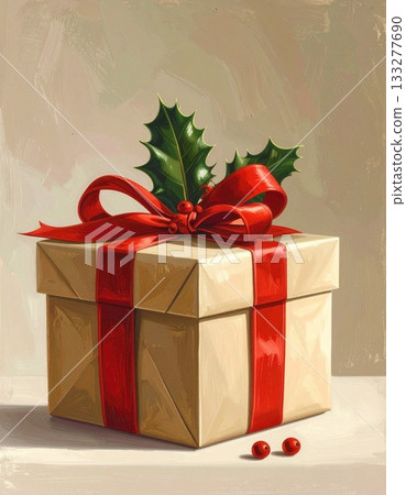 一個繫著紅色絲帶、點綴著冬青葉的禮盒 133277690