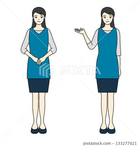 一位身穿藍色圍裙和裙子的女士全身像，面帶微笑，鞠躬或指路。 133277821