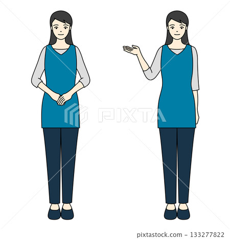 一位身穿藍色圍裙和長褲的女士全身像，面帶微笑，鞠躬或指路。 133277822
