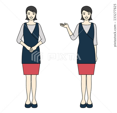 Full-body illustration of a smiling woman in a navy blue apron and red skirt bowing and giving directions Full-body illustration of a smiling woman in a navy blue apron and red skirt bowing and giving directions 133277825