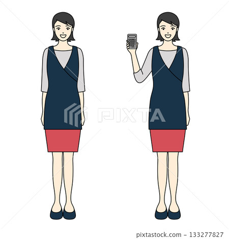 Full-body illustration of a smiling woman in a navy blue apron and red skirt holding a calculator Full-body illustration of a smiling woman in a navy blue apron and red skirt holding a calculator 133277827
