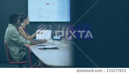 Analyzing graphs professionals gesturing at laptop, tablet, documents in meeting room, copy space Analyzing graphs professionals gesturing at laptop, tablet, documents in meeting room, copy space 133277833