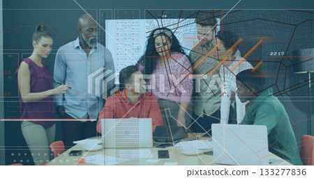 6 professionals analyzing financial charts on laptops in meeting room with documents coffee mugs 133277836