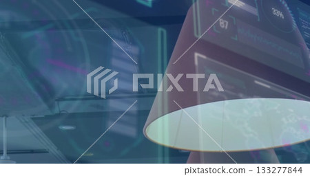 Highlighting modern angled lamp shade casting glow on digital panels inside tech office, copy space Highlighting modern angled lamp shade casting glow on digital panels inside tech office, copy space 133277844