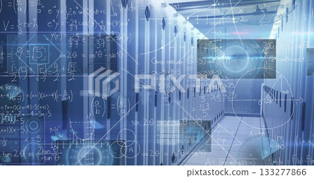 Displaying data center aisle flanked by server cabinets with indicator lights, equation overlays 133277866