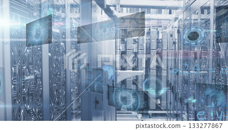Displaying central server rack cabinets streaming circuit patterns, LED lights in center corridor 133277867