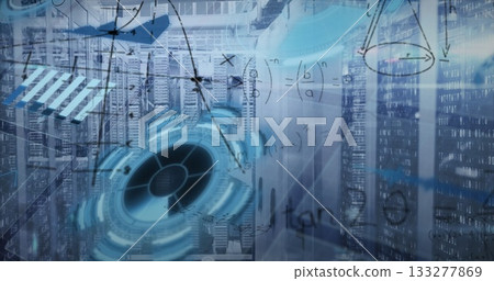 Projecting holographic circular interface floating in server room, with racks, LEDs and data arrows Projecting holographic circular interface floating in server room, with racks, LEDs and data arrows 133277869