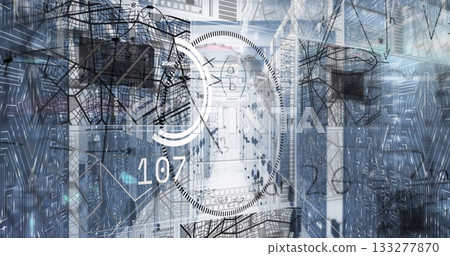 Central data center corridor extending in server room, with network cables, LEDs, gauge overlay Central data center corridor extending in server room, with network cables, LEDs, gauge overlay 133277870