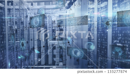 Running server cabinets processing data at data center, with neat cabling and holographic overlays Running server cabinets processing data at data center, with neat cabling and holographic overlays 133277874