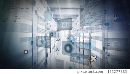 Hovering holographic screens lighting data center aisle, with server racks and overhead cable trays Hovering holographic screens lighting data center aisle, with server racks and overhead cable trays 133277883