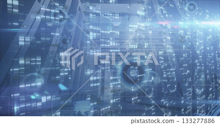 Projecting light trails and holographic HUD displays at tech facility with translucent data panels Projecting light trails and holographic HUD displays at tech facility with translucent data panels 133277886