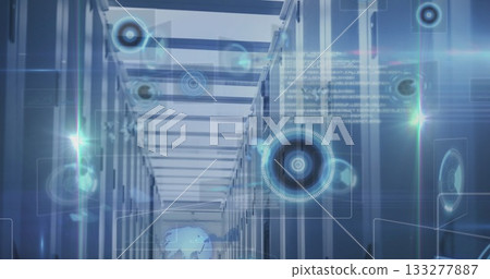 Extending server racks lining data center aisle, with patch cables and holographic UI elements 133277887