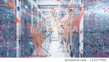 Showing data center aisle hosting server racks, with network cables, LEDs, geometric, trig overlays 133277891