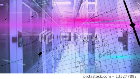 Showcasing server rack aisle in data center under bluish lighting with blinking LEDs, grid overlay Showcasing server rack aisle in data center under bluish lighting with blinking LEDs, grid overlay 133277892