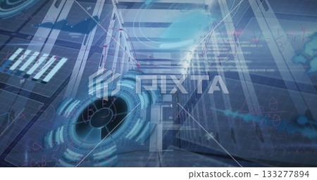 Displaying holographic interface floating inside data corridor, with server racks and LED lights 133277894