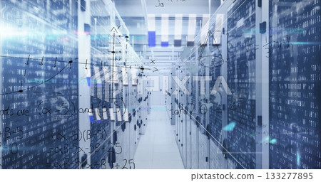 Showing data center aisle flowing with binary and math overlays, with glass-door server racks 133277895