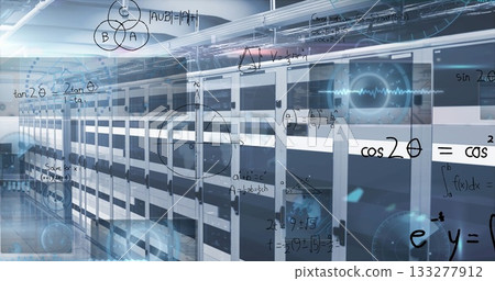 Extending server cabinets reflecting lights in data center corridor, with math formulas overlaying Extending server cabinets reflecting lights in data center corridor, with math formulas overlaying 133277912