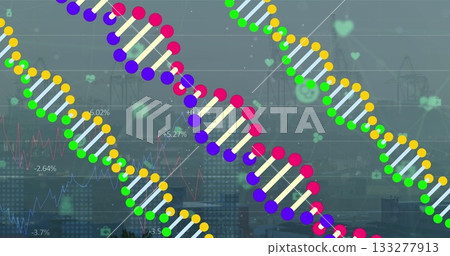 Displaying colorful DNA helices weaving across city skyline, with line charts and icons 133277913