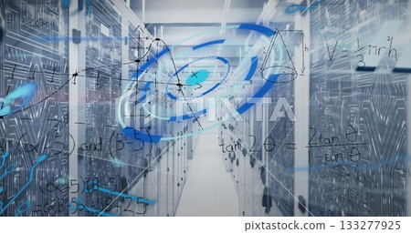 Server racks extending in data centre corridor flashing LED indicators, with holographic data swirl Server racks extending in data centre corridor flashing LED indicators, with holographic data swirl 133277925
