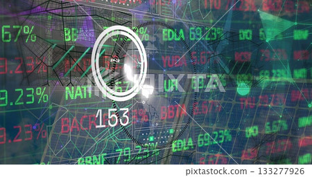 Displaying white circular gauge showing line graph and readout at financial dashboard, with tickers Displaying white circular gauge showing line graph and readout at financial dashboard, with tickers 133277926