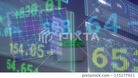 Solar panel and battery storage floating in virtual dashboard, with numeric data and chart overlays Solar panel and battery storage floating in virtual dashboard, with numeric data and chart overlays 133277931