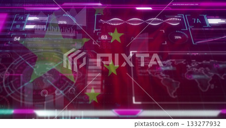 Projecting Chinese flag over command dashboard, with circular meters, world map and DNA waveform Projecting Chinese flag over command dashboard, with circular meters, world map and DNA waveform 133277932