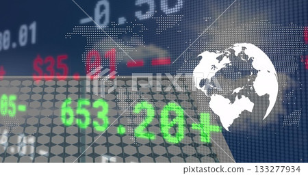 White globe icon floating over financial dashboard, showing green tickers and world map, copy space White globe icon floating over financial dashboard, showing green tickers and world map, copy space 133277934