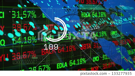 Displaying white circular progress gauge showing 109 Stock label on trading screen, with world map 133277935